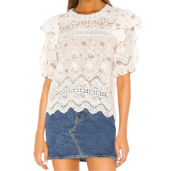 LoveShackFancy Tops - LoveShackFancy Tilda Lace Ruffle Blouse Small Ivory Floral Sheer Top